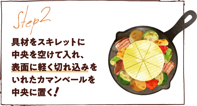 具材をスキレットに中央を空けて入れ、表面に軽く切れ込みをいれたカマンベールを中央に置く